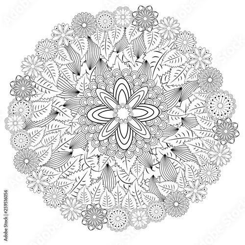 floral mandalaa stylized circular ornament. floral mandala. black-and-white drawing. coloring book for children and adults. page for artbook.