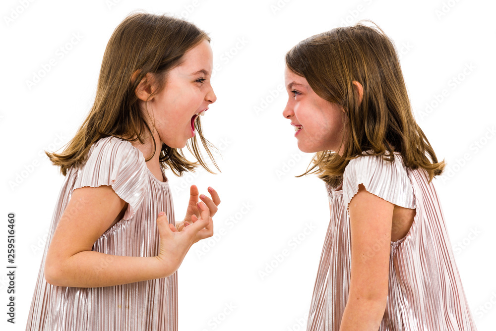 Identical twin girls are looking at each other and smiling. Identical twin girls are looking at each other and smiling.