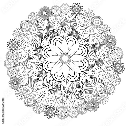 floral mandalaa stylized circular ornament. floral mandala. black-and-white drawing. coloring book for children and adults. page for artbook.