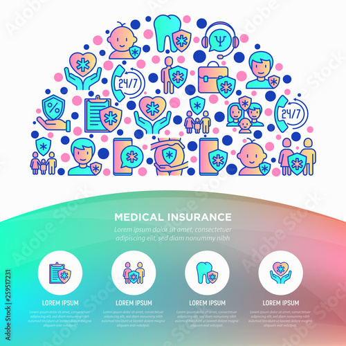 Medical insurance concept in half circle with thin line icons: policy, life insurance, psychological support, maternity program, 24/7, telemedicine. Vector illustration, template for print media.