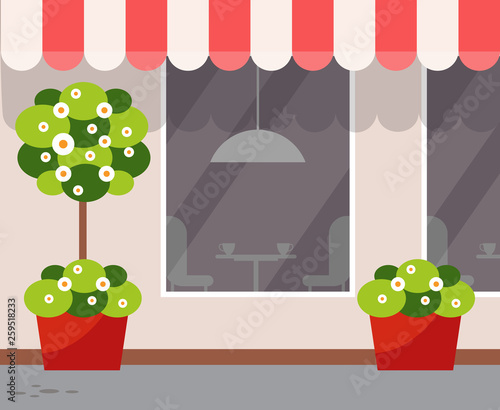 Exterior of eatery  coffeehouse design vector. Outdoor view on restaurant with plants growing in pots  blooming trees with trunk and bushes  coffee store
