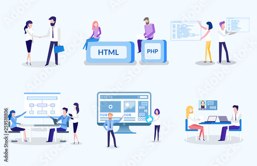 People working on new technological advancement vector, html and php, programmers and coders, man and woman on meeting. Agreement between partners at work