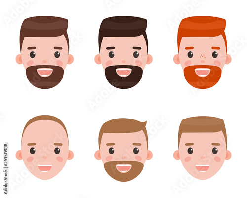 Character faces vector, isolated icons of person with different hair colors. Brunette and redhead male with beards, variety of hairstyles flat style