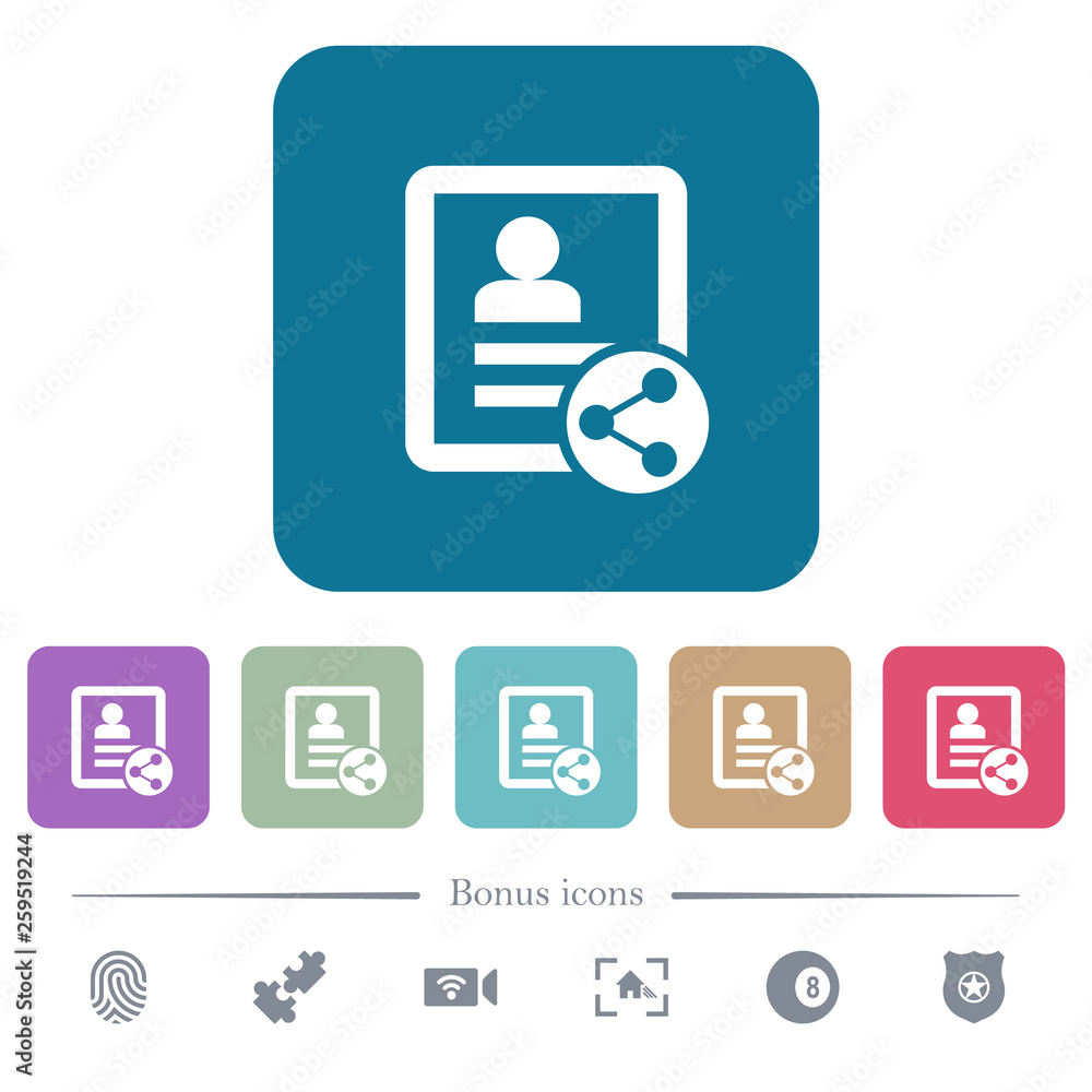 Share contact flat icons on color rounded square backgrounds Share contact flat icons on color rounded square backgrounds