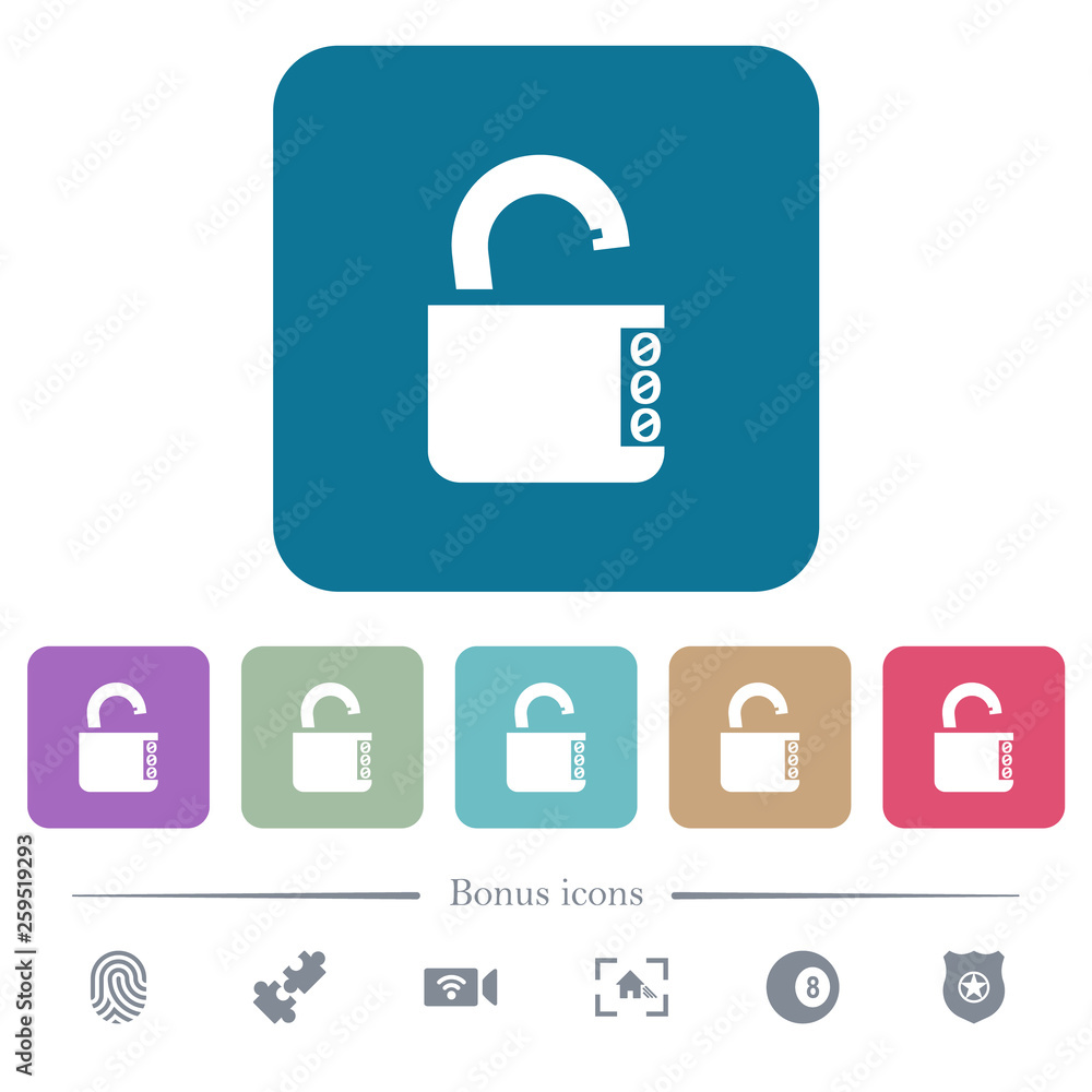 Unlocked combination lock with side numbers flat icons on color rounded square backgrounds Unlocked combination lock with side numbers flat icons on color rounded square backgrounds
