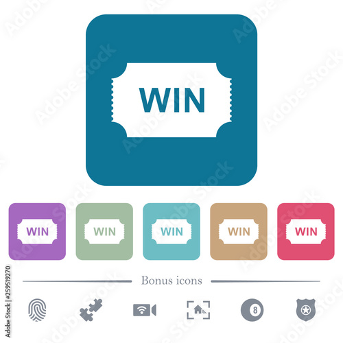 Winner ticket flat icons on color rounded square backgrounds