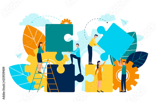 People with puzzle pieces vector, man and woman standing on ladder, foliage and flora. Cogwheel symbol of process and improvement project development
