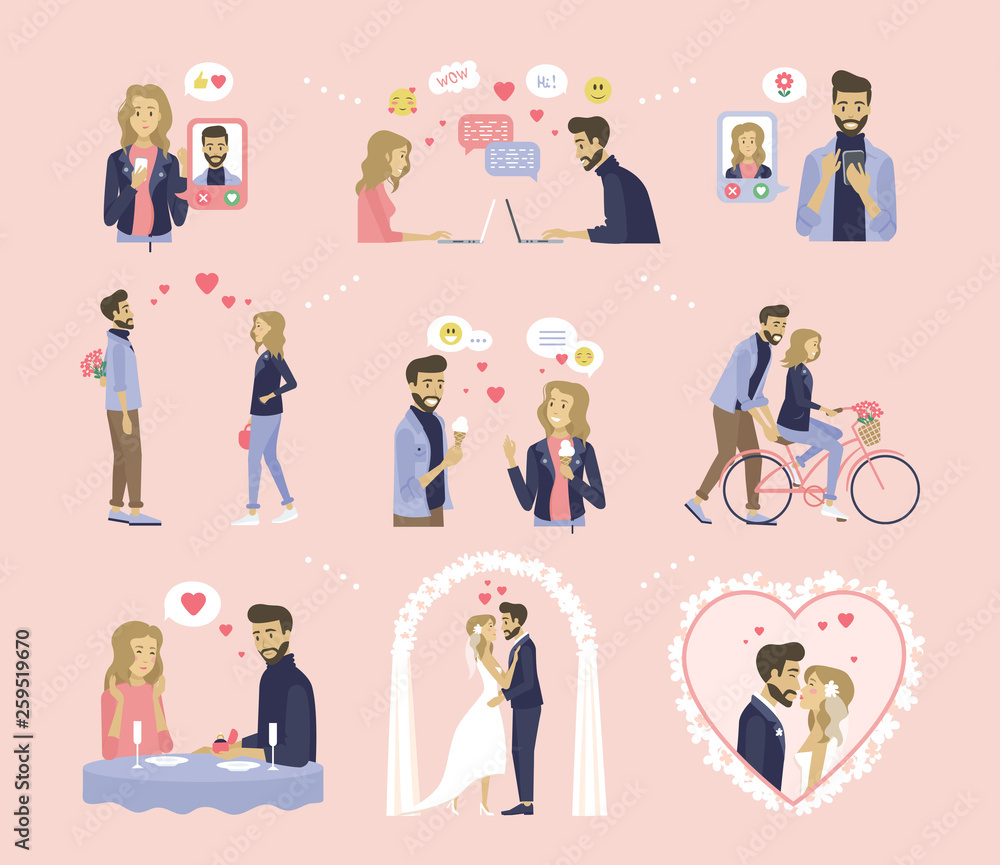 Fototapeta premium Couple relationship, dating and wedding vector. Online messaging, bouquet and ice cream, bicycle riding and proposal in restaurant, marriage ceremony