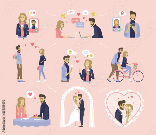 Couple relationship, dating and wedding vector. Online messaging, bouquet and ice cream, bicycle riding and proposal in restaurant, marriage ceremony