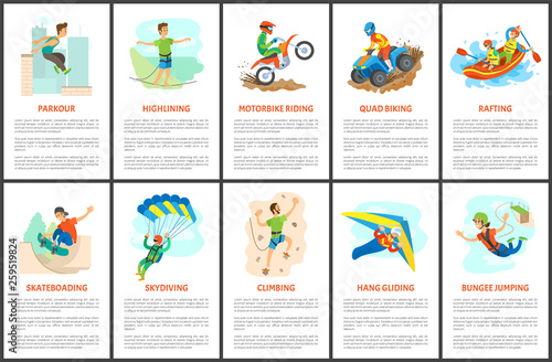 Parkour and wall climbing activity vector, extreme sports, hang gliding and highlining, rafting in boat and skateboarding of person, quad biking set