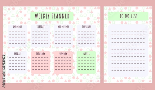 Laconic weekly planner for girls. Vector illustration.