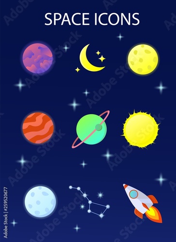 A set of colorful images of planets and other space objects. Vector illustration.