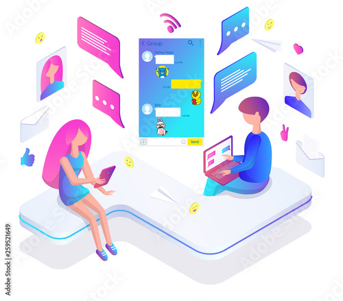 Man and woman chatting in Korean messenger Kakao talk from smartphone and laptop vector. Texting and stickers or emoji exchange, online app service