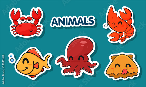 Sea animals cartoon captured for cooking.