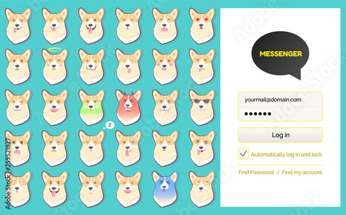 Log in page and dog sickers messenger kakao talk app vector. Corgi emoji, mobile Korean app, texting and chat service, interface element, account entering
