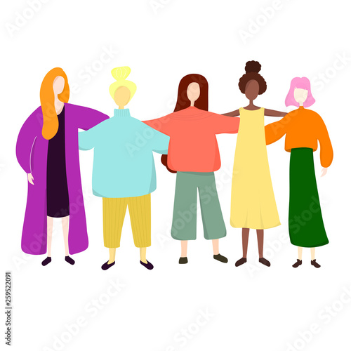 A group of women standing together and holding hands. Feminists  minded sisters. Girl power concept. Vector illustration.