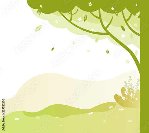 Trees with trunks and branches vector, park in summer and spring. Greenery of natural place, environment with bushes and grass, foliage and leaves