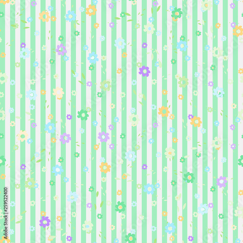 Flat Cartoon Tiny wild flowers on stripped background seamless vintage vector pattern isolated