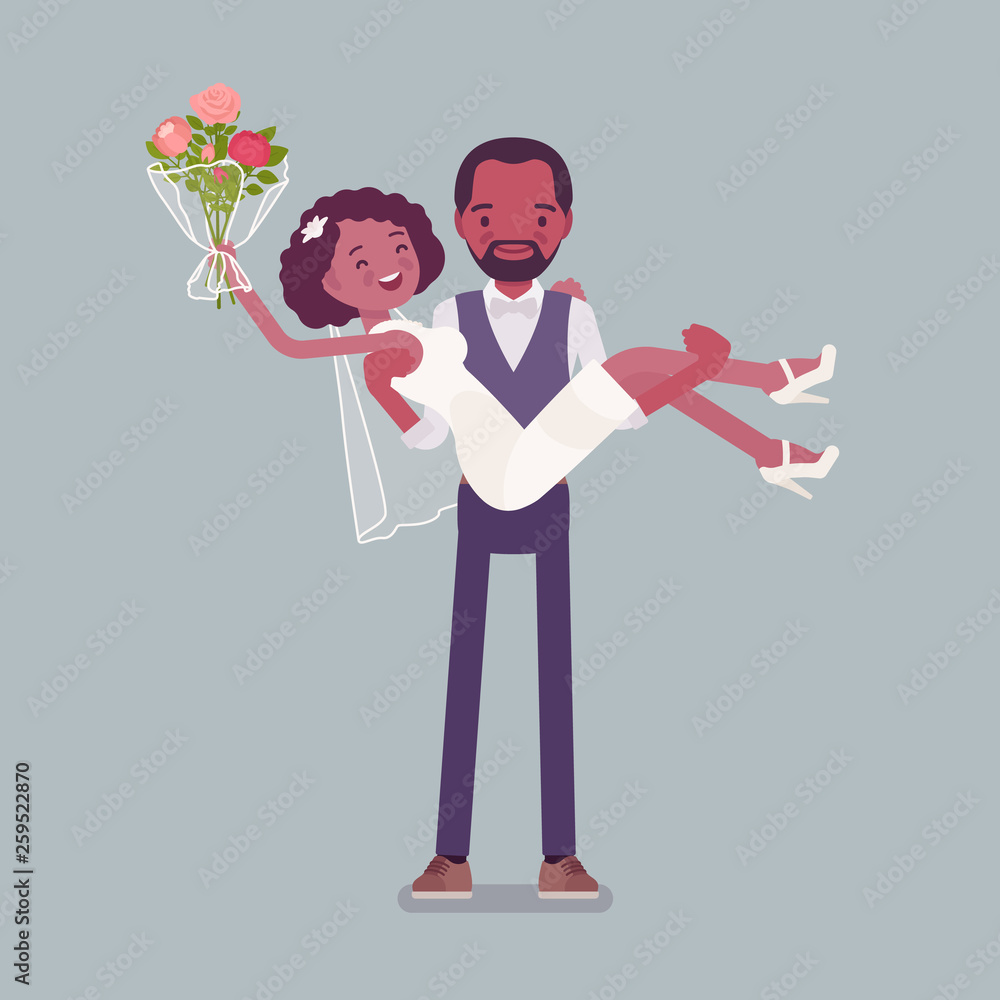 Groom carrying bride on wedding ceremony. African american man, woman in beautiful white dress on traditional celebration, married couple in love. Marriage customs and traditions. Vector illustration Groom carrying bride on wedding ceremony. African american man, woman in beautiful white dress on traditional celebration, married couple in love. Marriage customs and traditions. Vector illustration