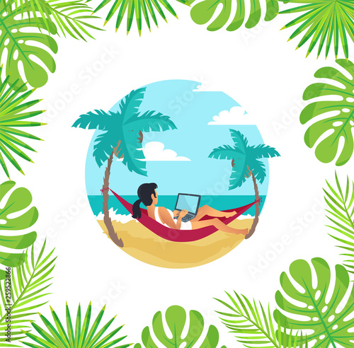 Freelancer laying in hammock vector. Woman holding laptop working by seaside, palm trees with leaves, foliage of monstera. Online wireless connection
