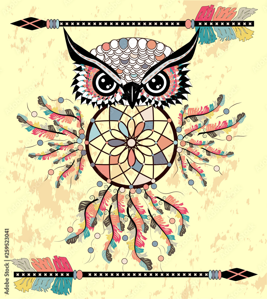 Fototapeta premium Cute Cartoon tribal Owl with feathers on a white background