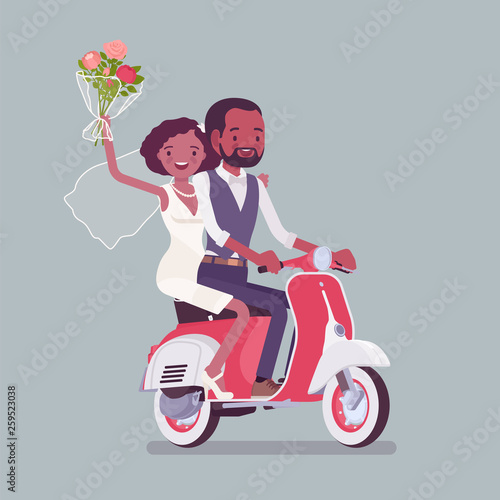 Bride, groom riding scooter on wedding ceremony. African american man, woman in beautiful dress on traditional celebration, married couple in love. Marriage customs and traditions. Vector illustration