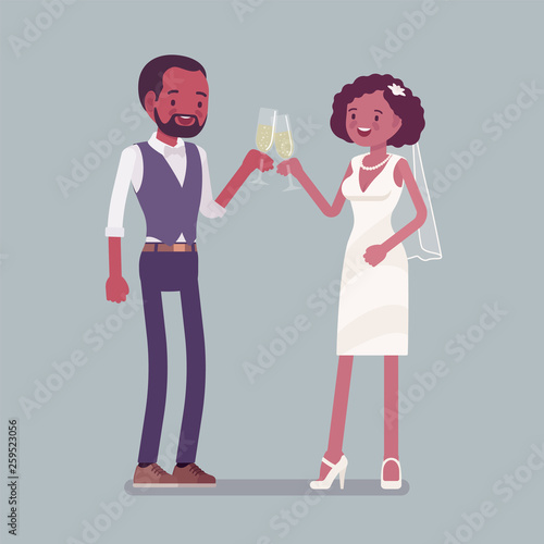 Bride and groom enjoy drinks on wedding ceremony. African american man, woman in beautiful dress on traditional celebration, married couple in love. Marriage customs, traditions. Vector illustration