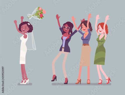 Bride and bridesmaids in bouquet toss tradition on wedding ceremony. African american woman in beautiful white dress throwing flowers on celebration. Marriage customs, traditions. Vector illustration
