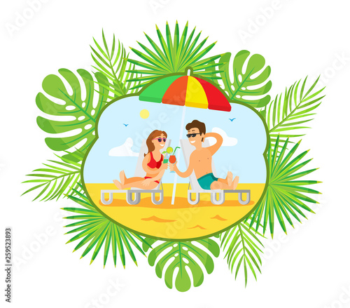 Summer vacation vector, people with cocktails relaxing on beach. Summertime resort, man and woman by coast laying on chaise longue, umbrella shade