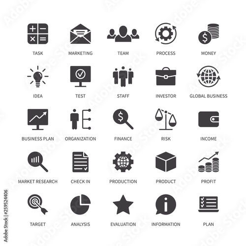 Business money contact icons marketing organization product analysis time search idea income bank social media technology format  logistics line team investor vector symbols set