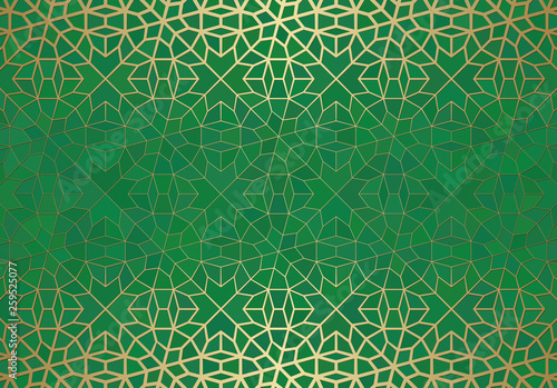 Abstract background with islamic ornament, arabic geometric texture. Golden lined tiled motif.
