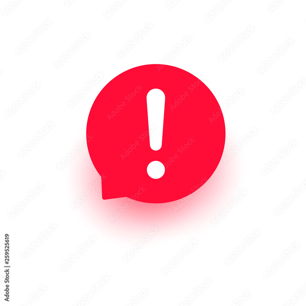 Exclamation vector icon, important round mark, attention logo warning speech bubble, red sign illustration isolated on white. Exclamation vector icon, important round mark, attention logo warning speech bubble, red sign illustration isolated on white.