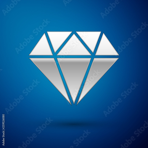 Silver Diamond sign isolated on blue background. Jewelry symbol. Gem stone. Vector Illustration