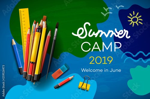 Themed Summer Camp poster 2019, creative and colorful banner, vector illustration.