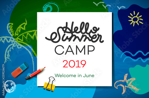 Themed Summer Camp poster 2019, creative and colorful banner, vector illustration.