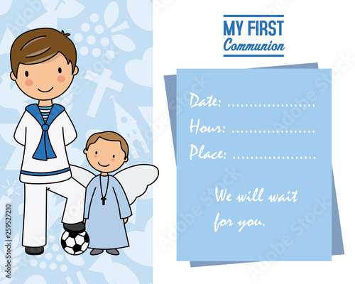 my first communion. Little boy with angel and pace for text