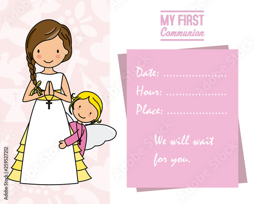 my first communion. Girl with angel and  space for text