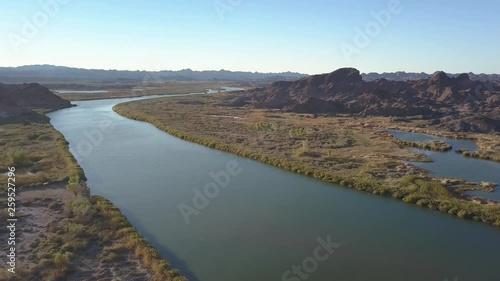 Panoramic aerial shot of the Lower Colorado River and lush vegetation.