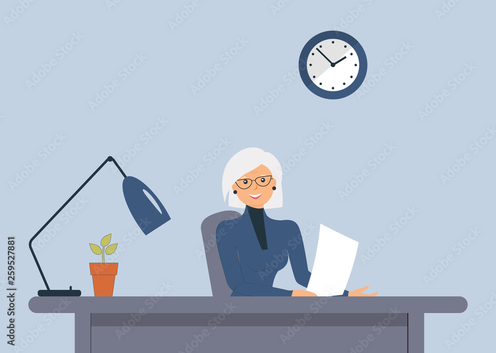 Elderly cute female sit at the table. Universal image for various occupations:accountant, auditor,manager,director,officer, secretary,politician.Office interior.Vector flat style cartoon illustration