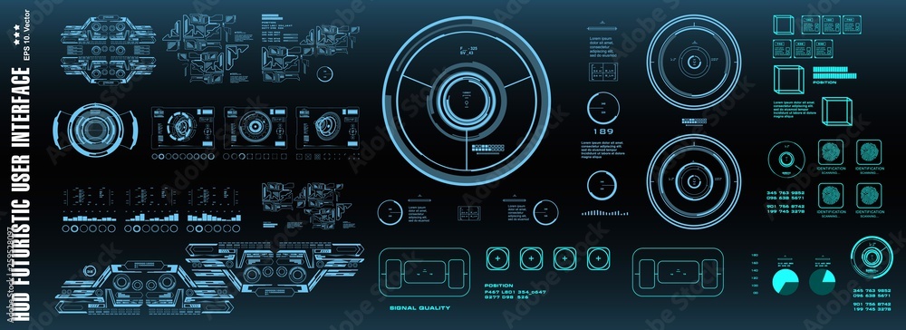 HUD futuristic virtual graphic touch user interface, target. Dashboard display virtual reality technology screen. HUD futuristic virtual graphic touch user interface, target. Dashboard display virtual reality technology screen.