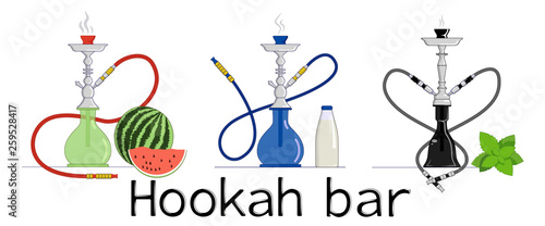 Set of Hookah illustrations. Watermelon, Milk, Mint flavours. Shisha for lounge and relaxation. Tobacco smoke. Vector.