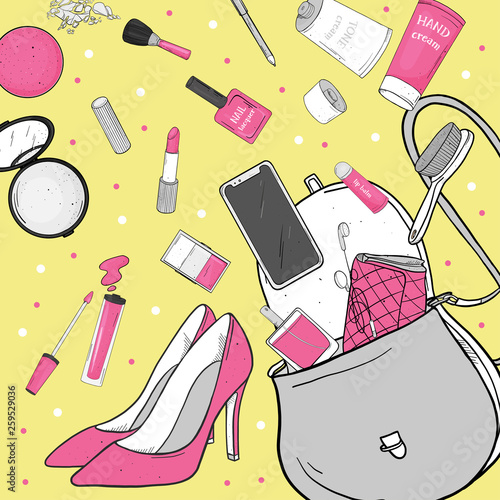 Women's handbag with cosmetics, shoes and smartphone. Personal effects fell out of the bag. Vector illustration in sketch style. For fashion publications, beauty and mobile applications.