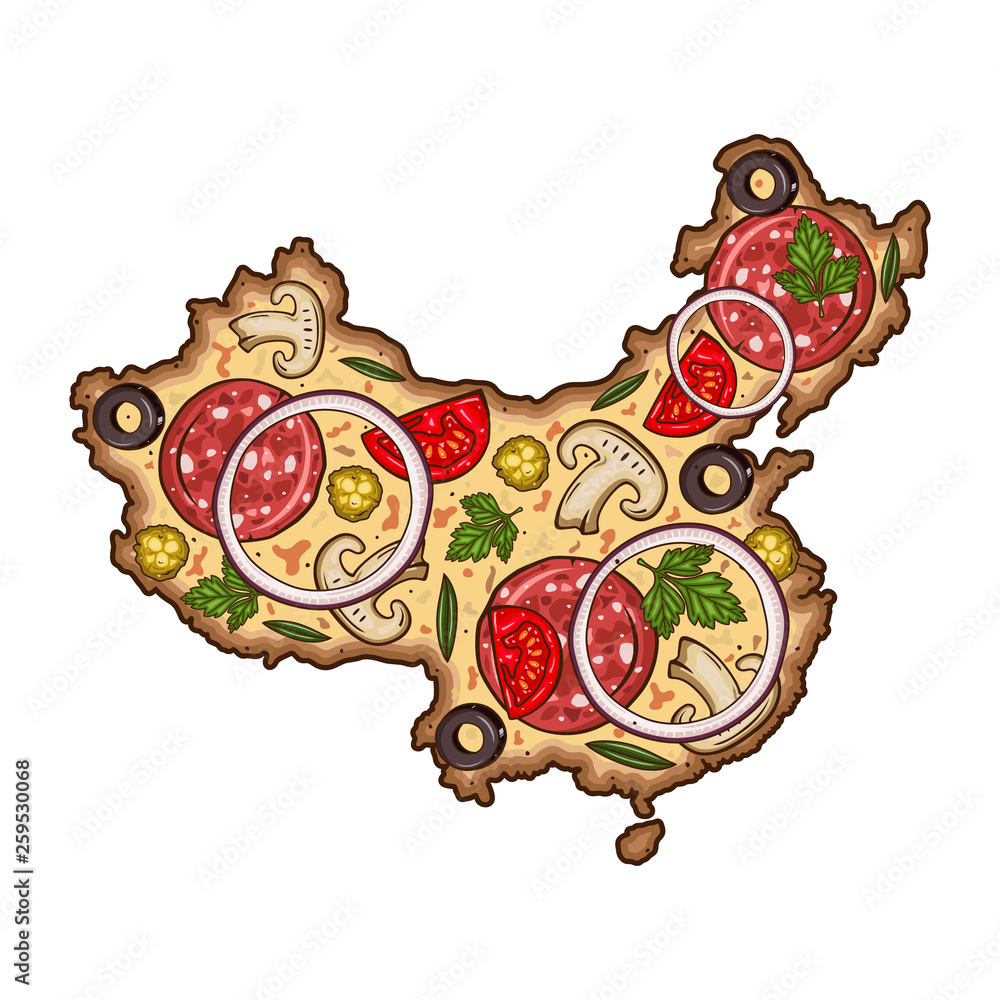 Pizza in the form of a map of China. Cartoon vector pizza. Map of China the  form of pizza. Stock Vector | Adobe Stock