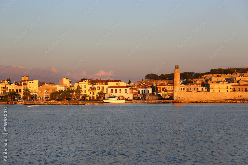 Fototapeta premium Harbour in Rethymno at sunrise, Crete island, Greece