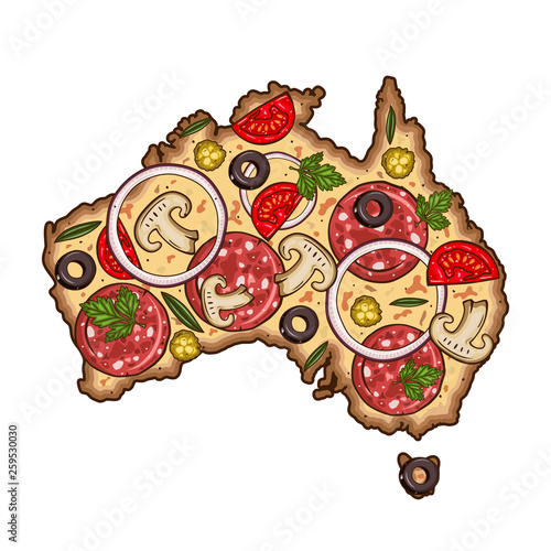 Pizza in the form of a map of Australia. Cartoon vector pizza. Map of Australiain the form of pizza.