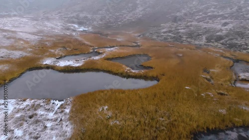 Slow Motion Drone shot over a partially snow covered, yellow coloured moorland in Murodo, Kurobe Tateyama, Japan Alps. photo