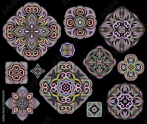 Bright bohemian ethnic cliche with celtic symbols. Vector set of various ornaments, deco template.  Trendy print for decoration, gift, design, for women's clothing.