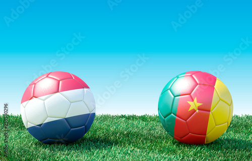 Two soccer balls in flags colors on green grass. Netherlands and Cameroon. 3d image