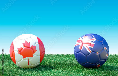 Two soccer balls in flags colors on green grass. Canada and New Zealand. 3d image