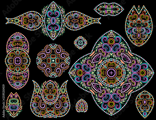 Colorful collection of floral patterns and jewelry. Traditional ethnic symbols for decoration, for clothes. Ornamental template - object isolated. Vector bright print.